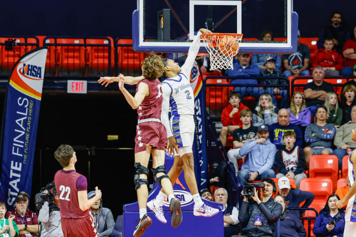 Phillips Academy junior guard EJ Horton throws a dunk in the fourth quarter of the Illinois Class 2A championship game.